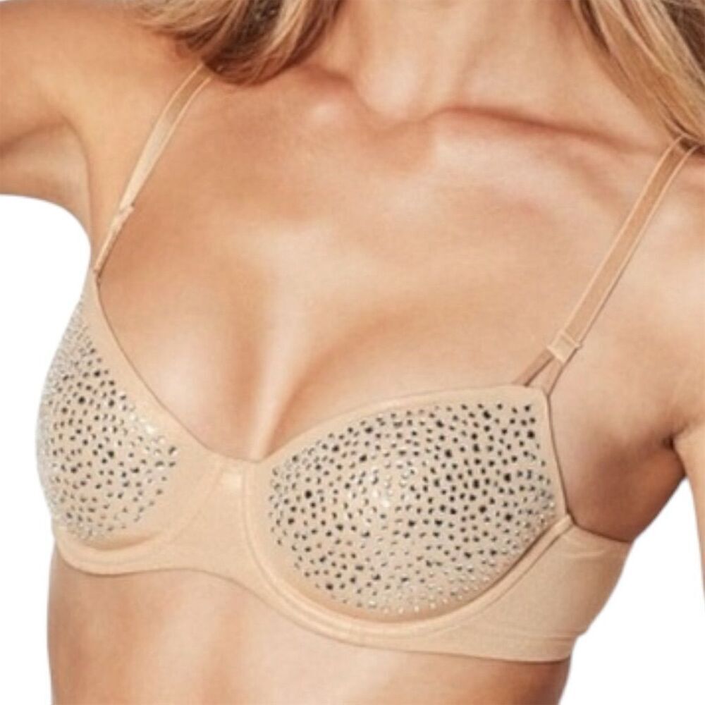Victoria's Secret Dream Angels‎ Gold Shimmer Crystal Lined Demi Bra 32DD Beige